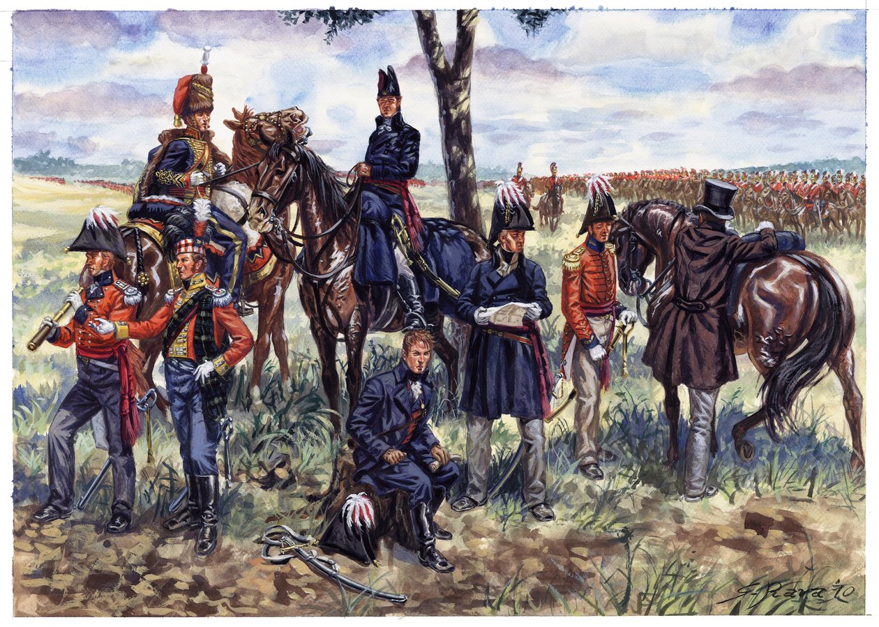 Primer Imperio: Estado Mayor del Duque de Wellington en la batalla de Waterloo el 18 de junio de 1815 - Ilustración de Giuseppe Rava de Giuseppe Rava