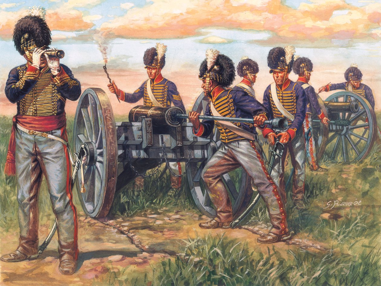 Primer Imperio: Soldados de la artillería inglesa cargando un cañón durante la batalla de Waterloo en 1815 - Primer imperio: soldados del ejército británico cargando un cañón durante la batalla de waterloo en 1815 - Ilustración de Giuseppe Rava de Giuseppe Rava