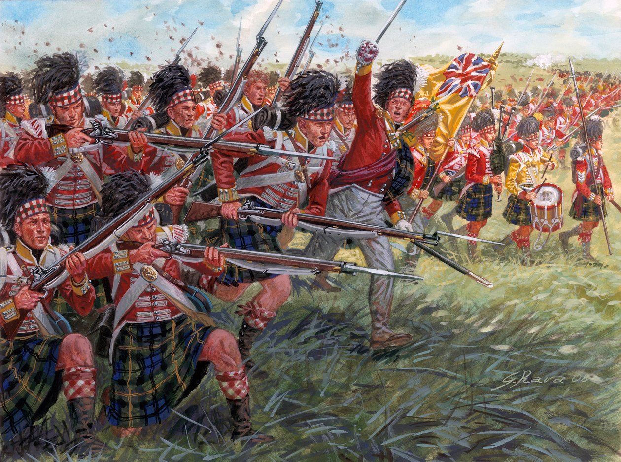 Primer Imperio: La carga de la infantería escocesa en la batalla de Waterloo de Giuseppe Rava