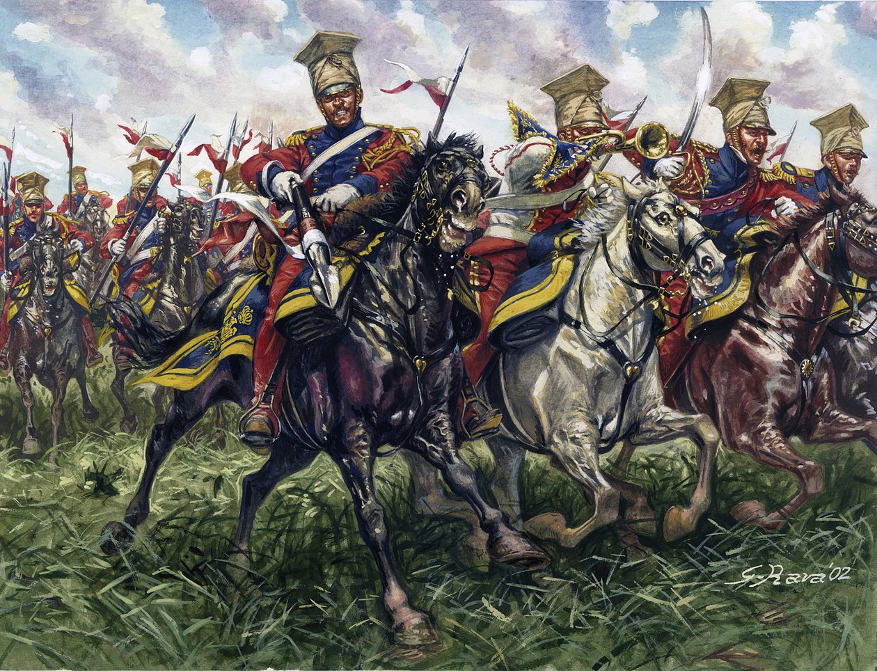 Primer Imperio: los Lanceros Rojos o Regimiento de Lanceros a Caballo de la Guardia Imperial durante la batalla de Waterloo el 18/06/1815 - Primer Imperio: el 2º regimiento de lanceros de caballería ligera de la Guardia Imperial (Lanceros Rojos o Lanceros  de Giuseppe Rava