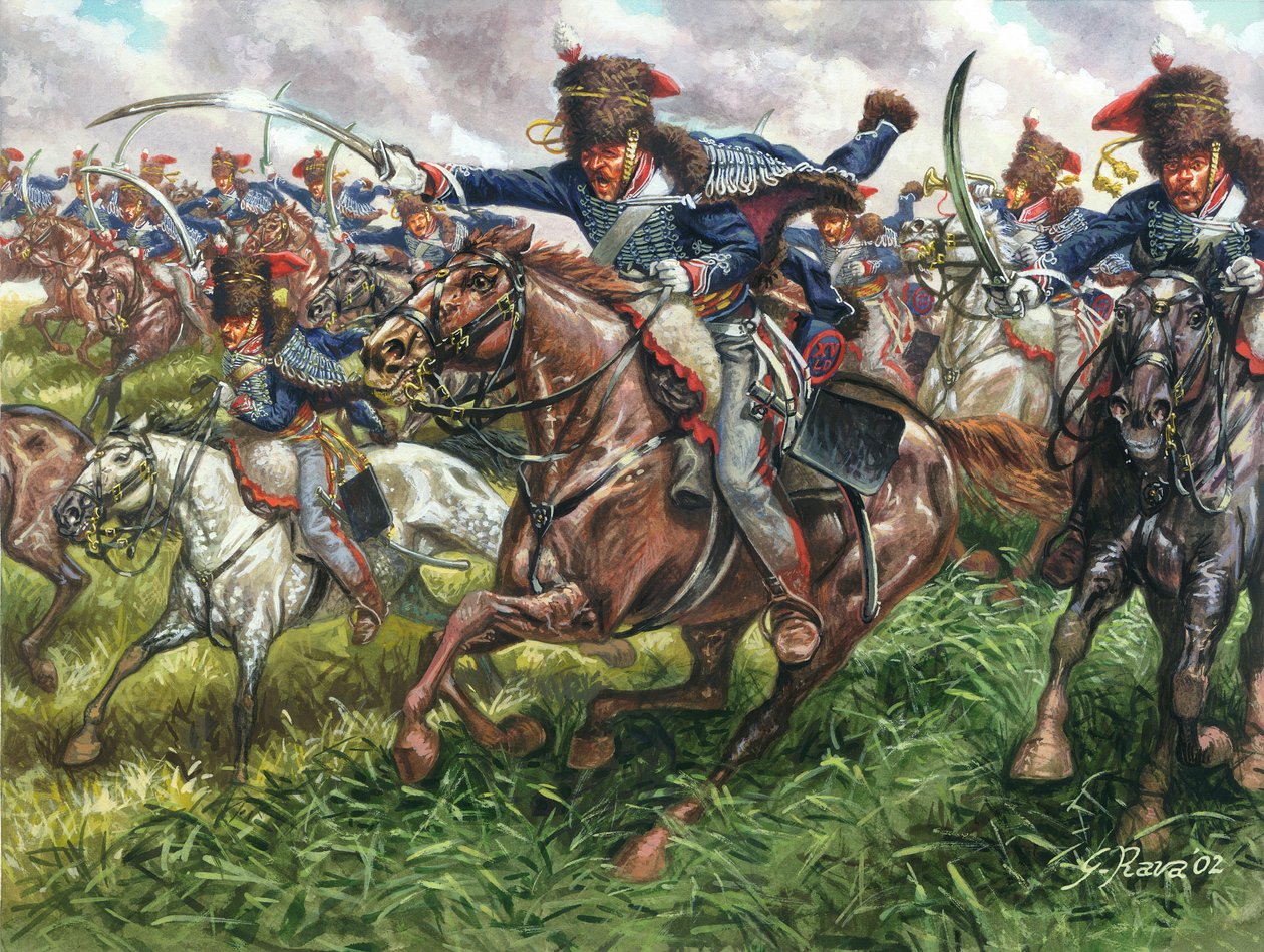 Primer Imperio: carga del 15º regimiento de dragones ingleses en la batalla de Waterloo el 18/06/1815 - Primer Imperio: carga del 15º regimiento de dragones ingleses en Waterloo el 18 de junio de 1815 - Ilustración de Giuseppe Rava de Giuseppe Rava
