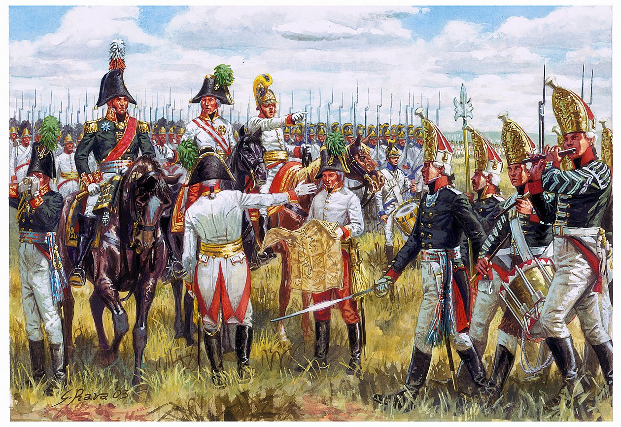 Primer imperio: Estado Mayor austro-ruso de la Tercera Coalición en 1805 - Primer imperio: Estado Mayor austro-ruso en 1805 - Ilustración de Giuseppe Rava de Giuseppe Rava