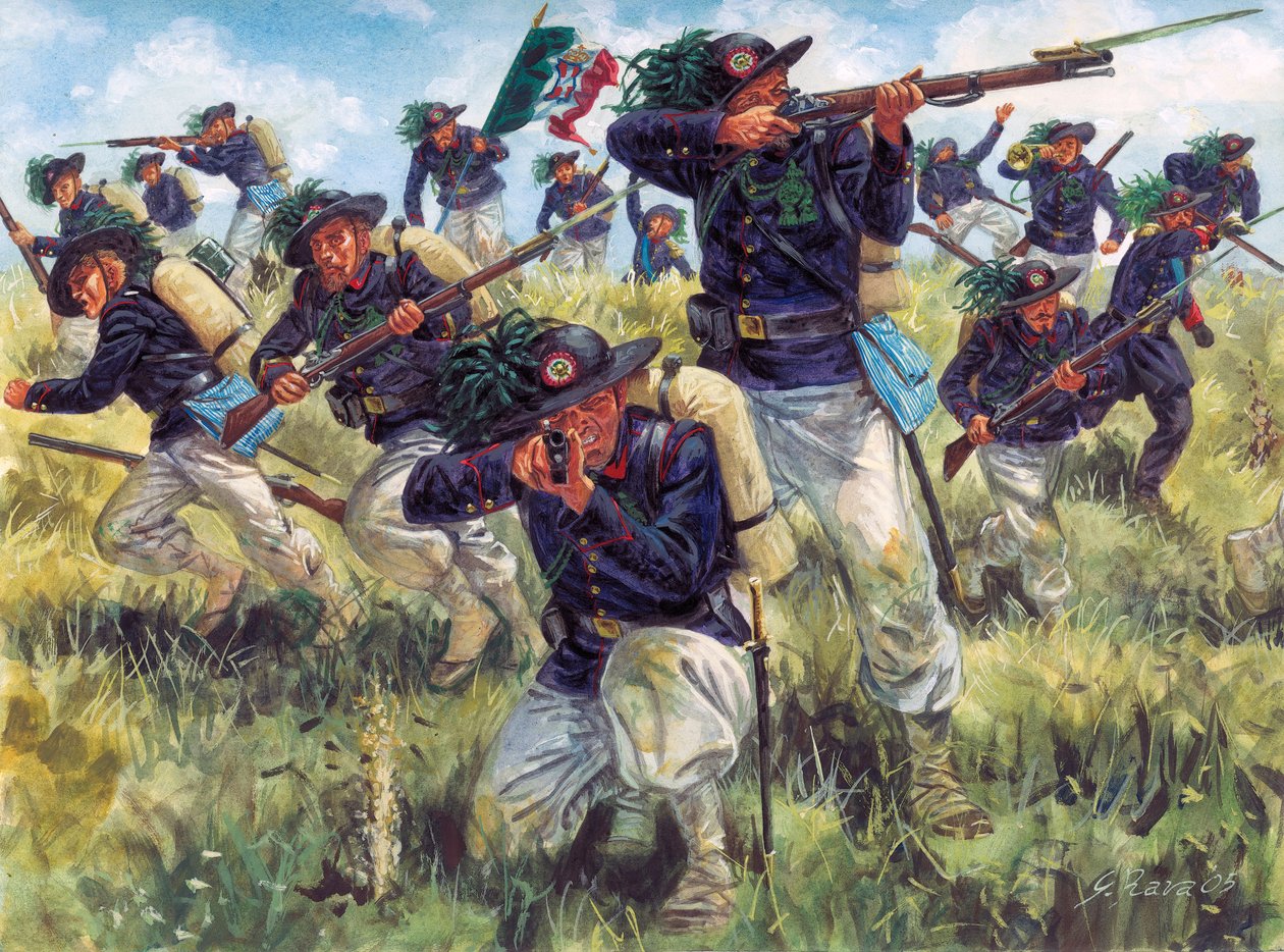 Campaña Italiana de 1859 (Segunda Guerra de Independencia Italiana): bersaglieri (bersaglieri) del ejército italiano en acción - Segunda Guerra de Independencia Italiana (Guerra Franco-Austriaca, Guerra Austro-Sarda, Guerra Austro-Piedmontina o Guerra Ital de Giuseppe Rava