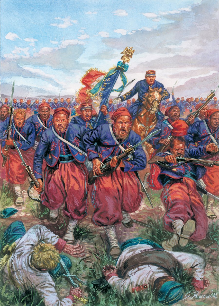 Campaña italiana de 1859 (Segunda Guerra de Independencia italiana): carga de los zuavos del Ejército francés de Napoleón III durante la batalla de Solferino el 24/06/1859 - Segunda Guerra de Independencia italiana (Guerra franco-austriaca, Guerra austro-s de Giuseppe Rava
