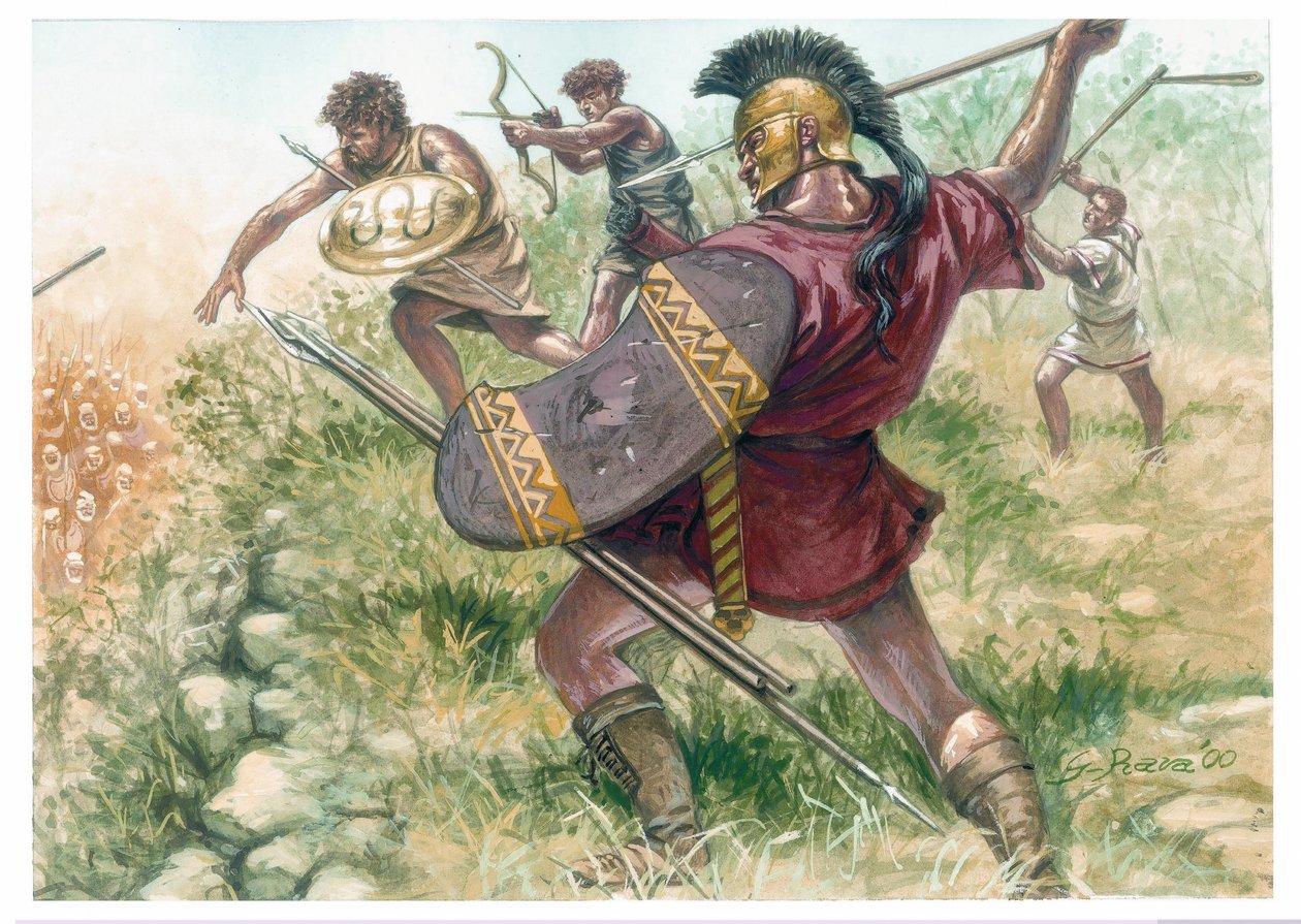 Reino de Macedoine: soldados de la infantería ligera - Macedonia (antiguo reino): soldados de la infantería ligera - Ilustración de Giuseppe Rava de Giuseppe Rava
