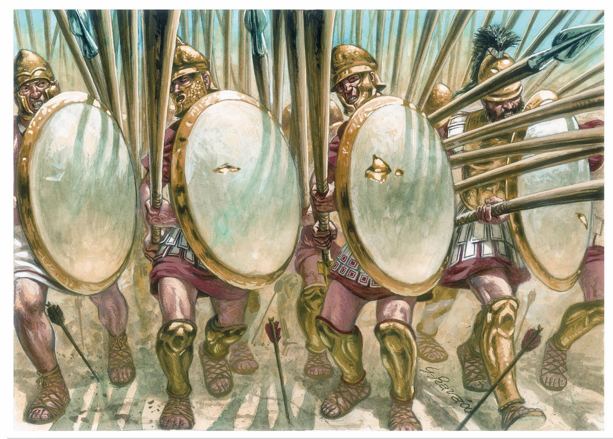 Reino de Macedonia: la carga de los falangistas macedonios - La carga de los falangistas macedonios - Ilustración de Giuseppe Rava de Giuseppe Rava