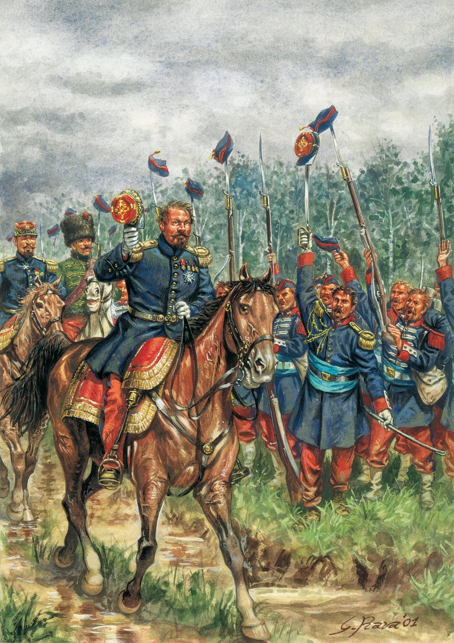 Napoleón III (1808-1873) un caballo saludado por su ejército (dibujo) de Giuseppe Rava