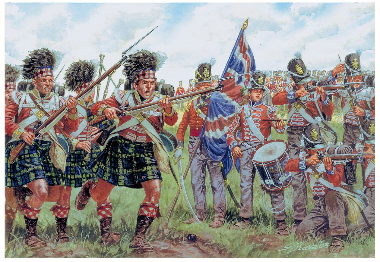 Guerras napoleónicas: soldados escoceses y británicos en la batalla de Waterloo el 18 de junio de 1815 Ilustración de Giuseppe Rava de Giuseppe Rava