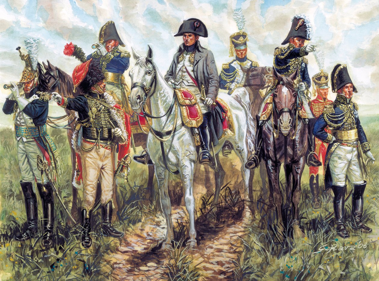 Retrato de Napoleón I (1769-1821) y su Estado Mayor - Retrato del emperador francés Napoleón I y su Estado Mayor - Ilustración de Giuseppe Rava de Giuseppe Rava