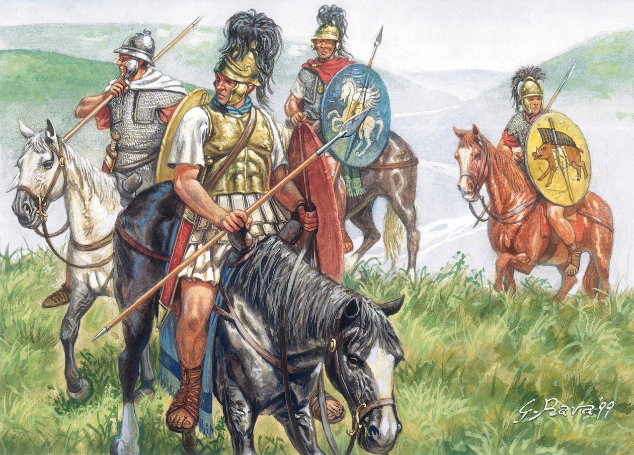 Antigüedad romana (República): grupo de jinetes romanos - República romana: caballería romana - Ilustración de Giuseppe Rava de Giuseppe Rava