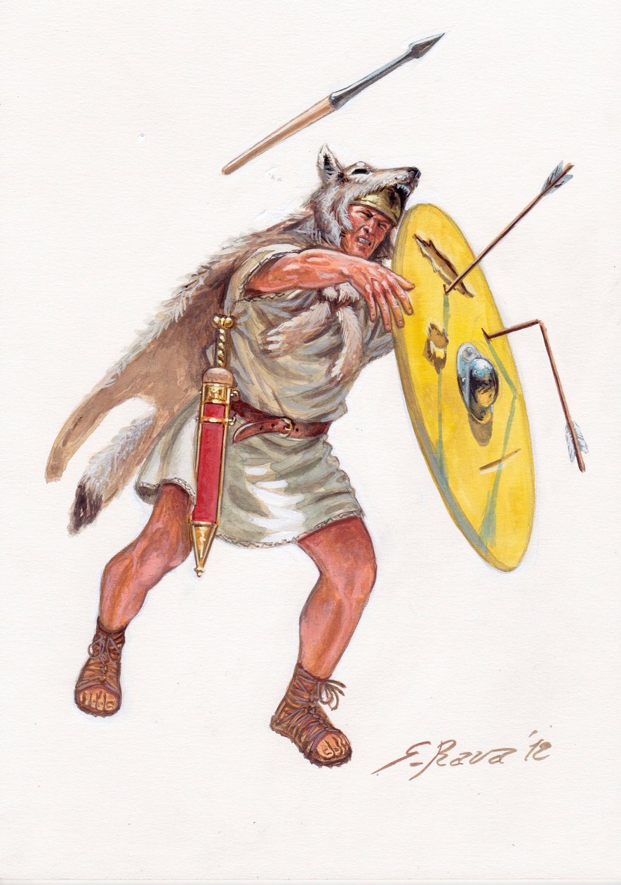 Roman antiquite (República): velite (soldado de infantería ligera de los siglos pobres) del ejército romano - velites de la república romana - Ilustración de Giuseppe Rava de Giuseppe Rava