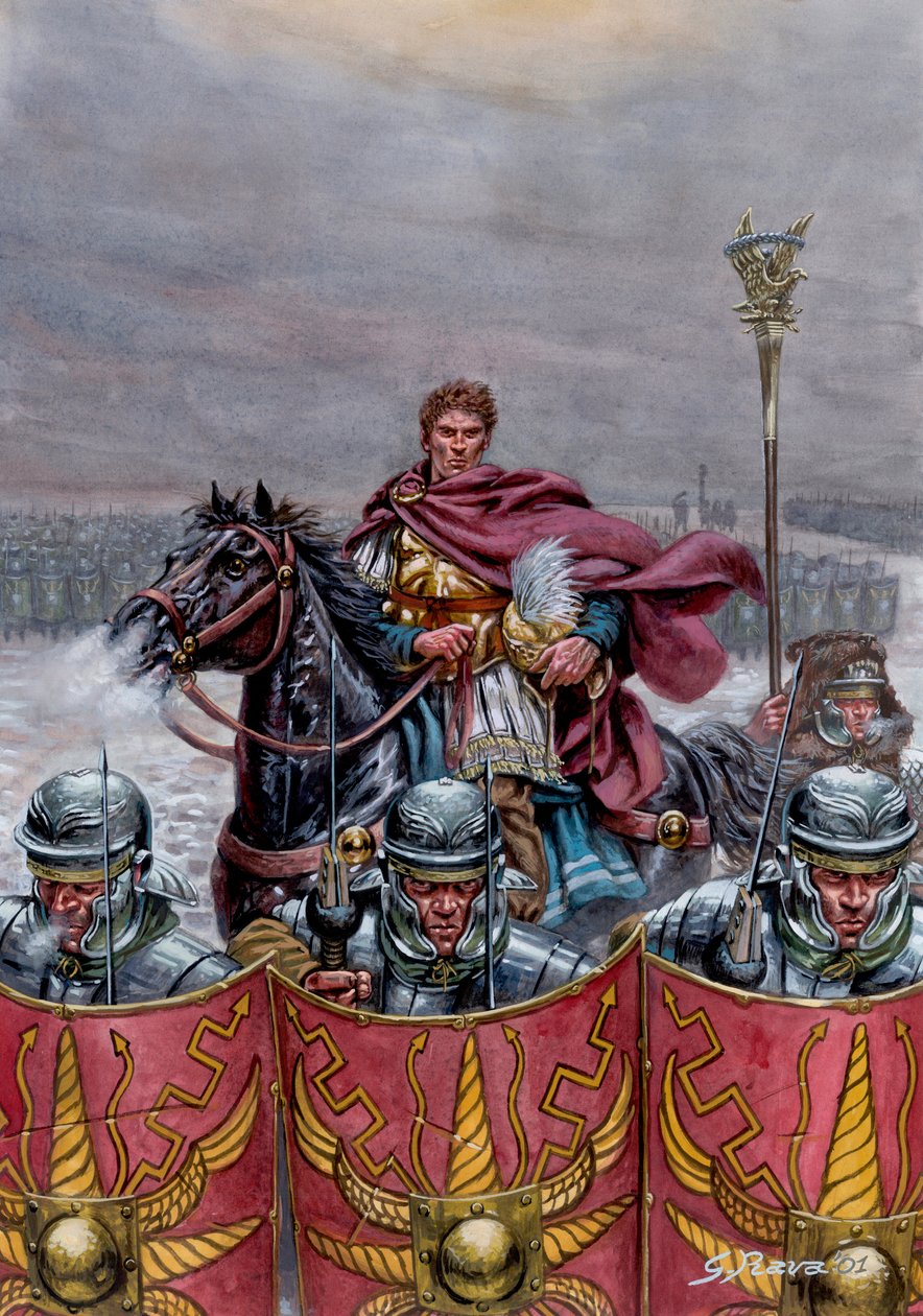 Antigüedad romana: Ejército romano cerca de la muralla de Adriano en Escocia, siglo II d.C. - Ilustración de Giuseppe Rava de Giuseppe Rava