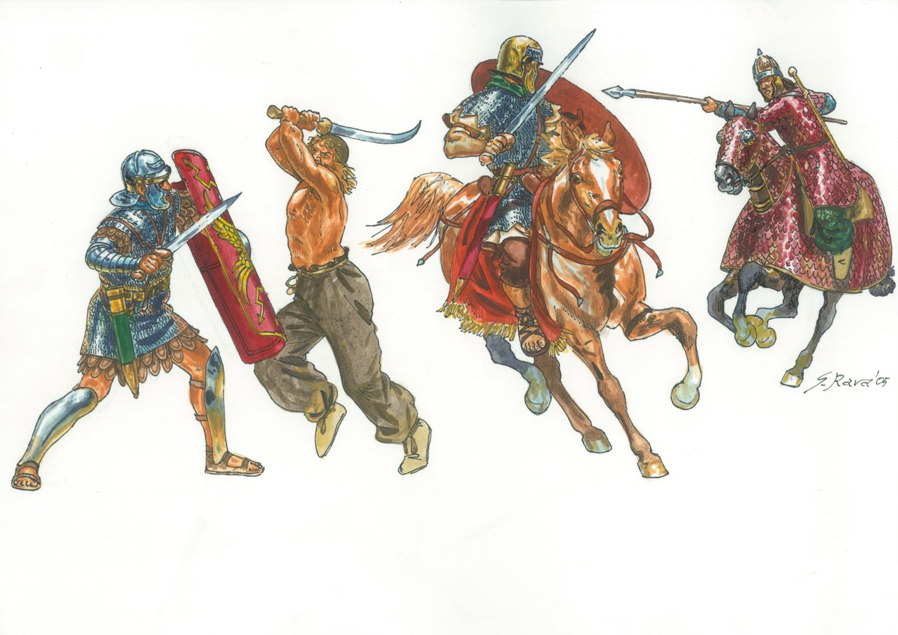 Legionario romano luchando contra un guerrero dacio y un jinete romano contra un catafractos sármata de Giuseppe Rava