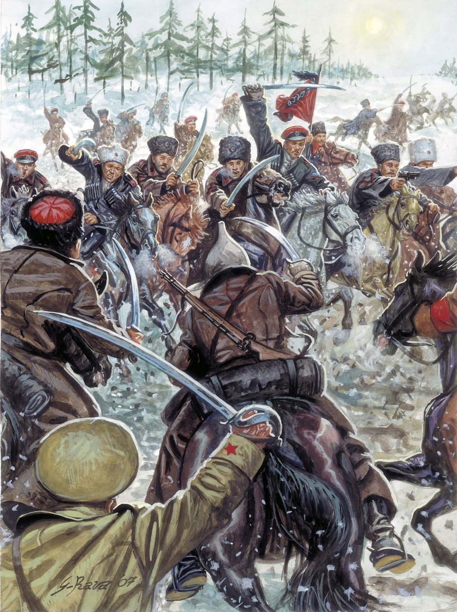 Guerra civil rusa (1917-1923): Soldados del Cáucaso al lado de los ejércitos blancos en 1919 - Guerra civil rusa: los cosacos luchando contra el ejército blanco ruso en 1919 - Ilustración de Giuseppe Rava de Giuseppe Rava
