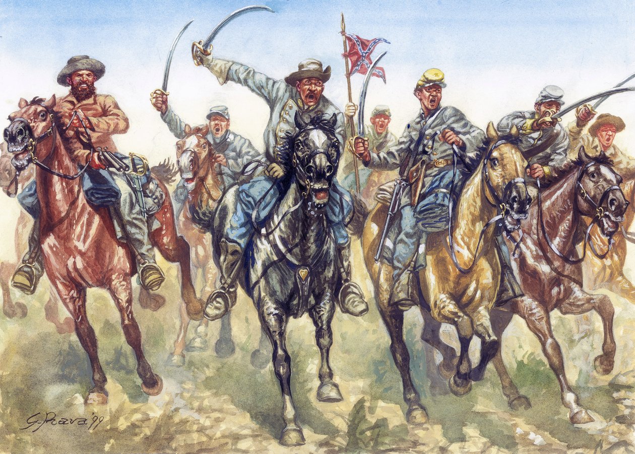 Guerra de Secesión (1861-1865) - Guerra civil americana: la caballería confederada cargando - Ilustración de Giuseppe Rava de Giuseppe Rava