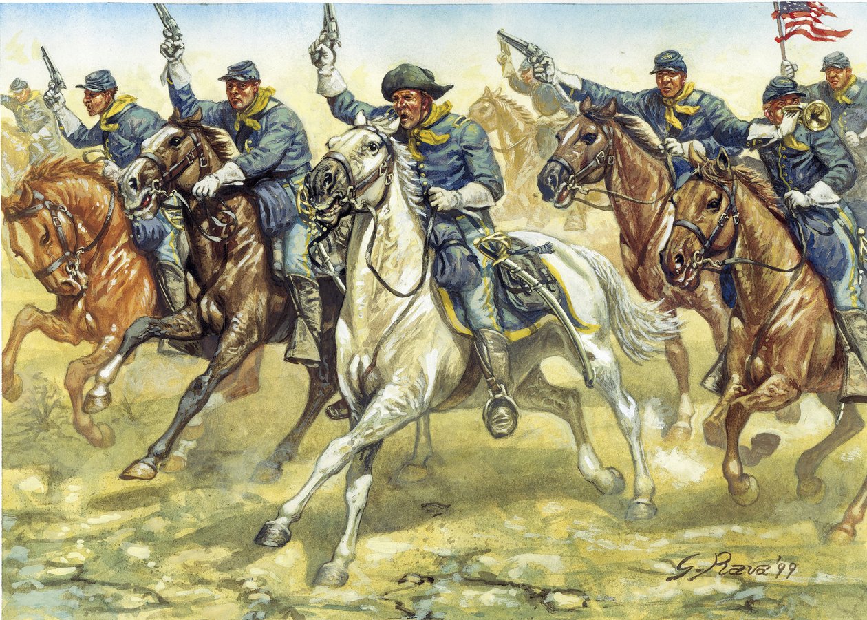 Guerra de Secesión (1861-1865): soldados de la caballería del Norte (Unión) durante una batalla - Guerra civil americana: soldados de la caballería del Norte (Unión) durante una batalla - Ilustración de Giuseppe Rava de Giuseppe Rava