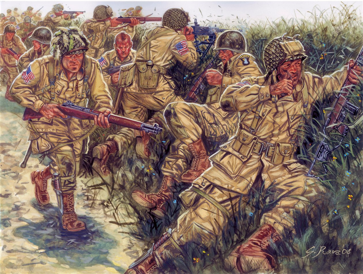 Segunda Guerra Mundial: 101ª División Aerotransportada (101ª División Aerotransportada de EE.UU.) apodada Screaming Eagles - WWII: 101ª División Aerotransportada, Screaming Eagles - Ilustración de Giuseppe Rava de Giuseppe Rava