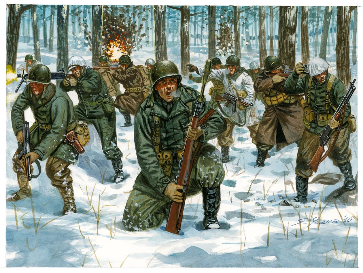 Segunda Guerra Mundial: Ofensiva de la infantería americana durante la Batalla de las Ardenas en Bastogne, diciembre de 1944 - Segunda Guerra Mundial: Ofensiva americana durante la Batalla de las Ardenas, diciembre de 1944 - Ilustración de Giuseppe Rava de Giuseppe Rava