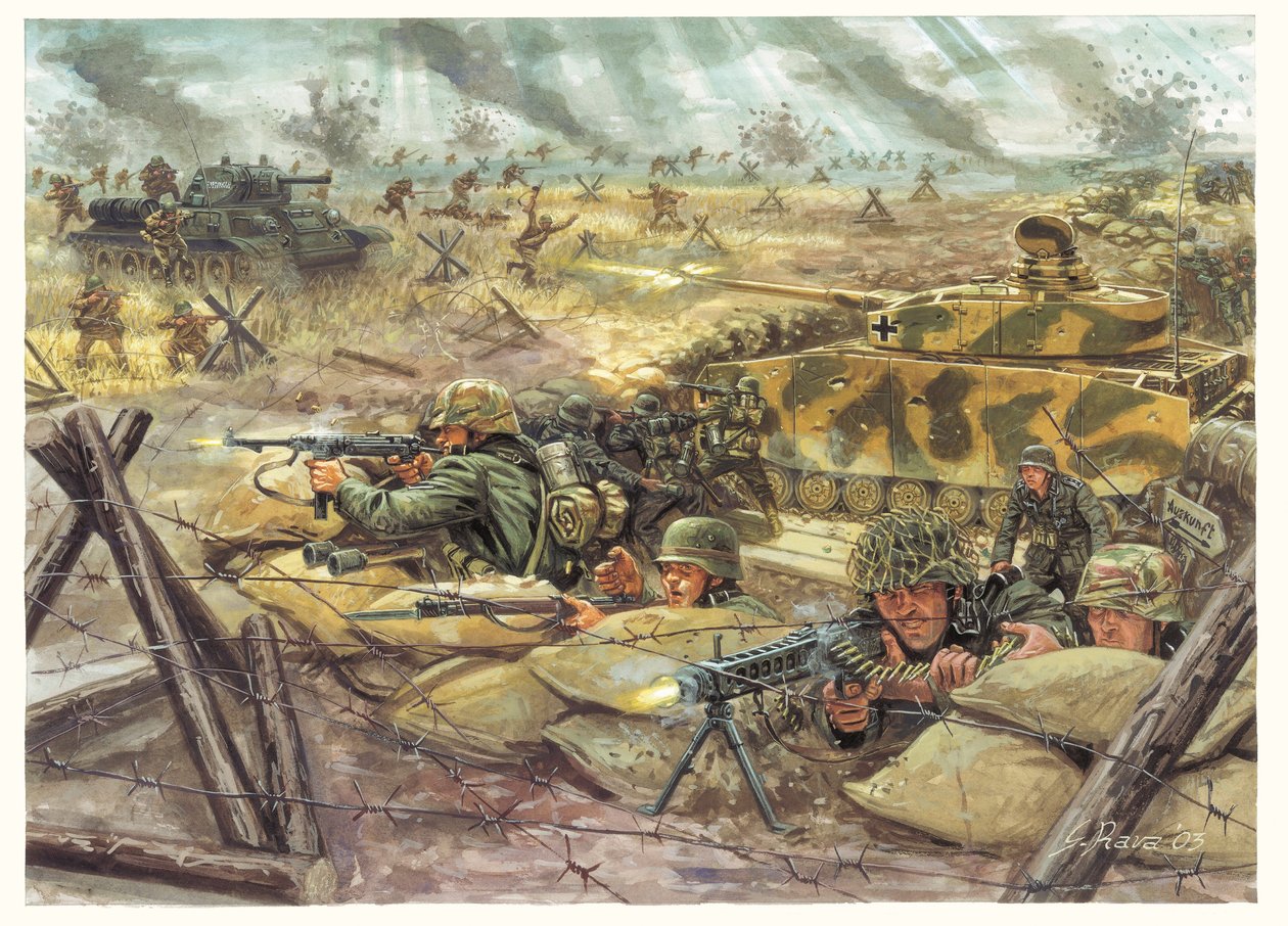 Segunda Guerra Mundial: Batalla de Kursk en 1943 entre fuerzas alemanas y soviéticas - WWII: Batalla de Kursk en 1943 entre fuerzas alemanas y soviéticas - Ilustración de Giuseppe Rava de Giuseppe Rava