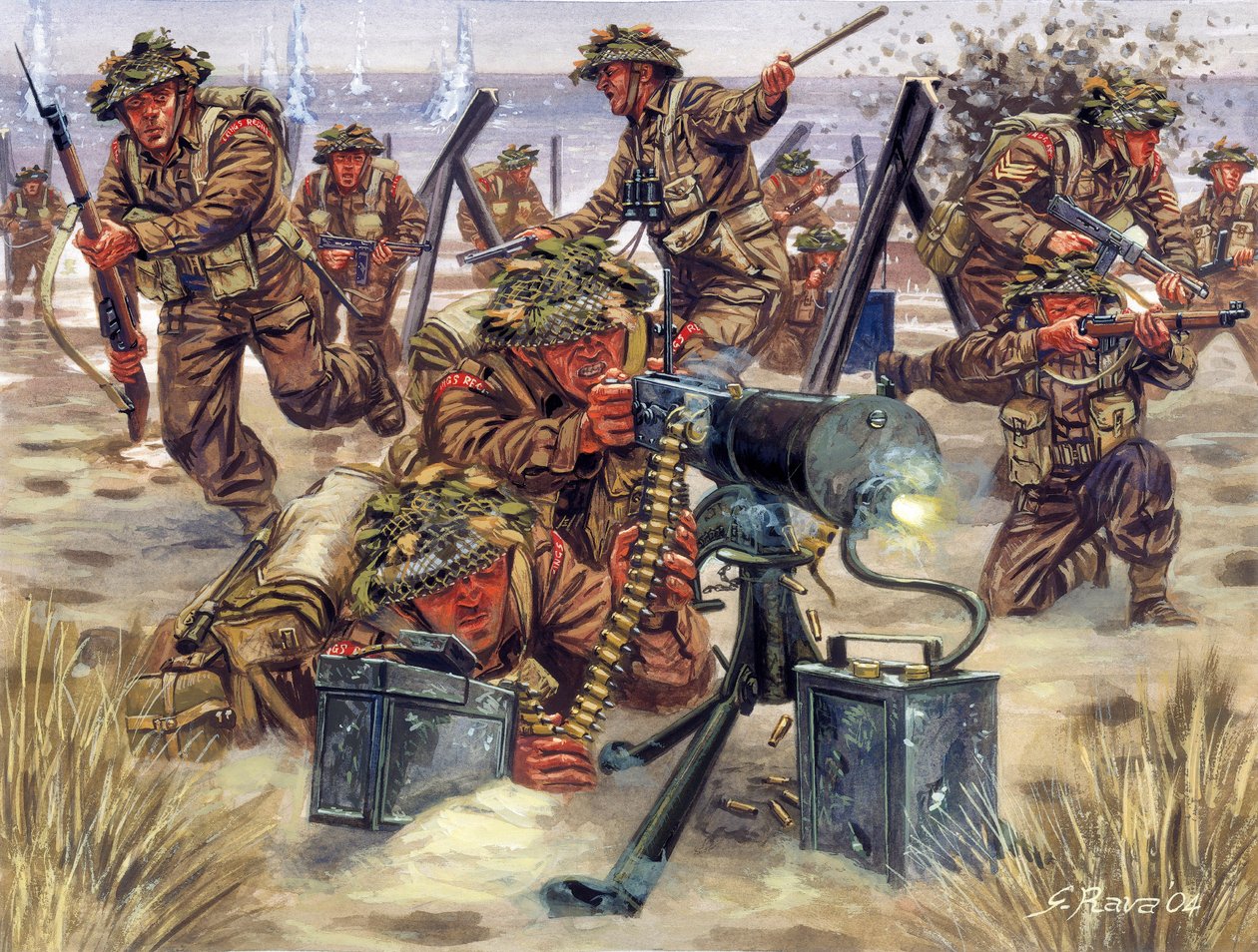 Segunda Guerra Mundial: Desembarco en Normandía en junio de 1944, soldados ingleses - WWII: Desembarco de Normandía, las tropas británicas, 6 de junio de 1944 - Ilustración de Giuseppe Rava de Giuseppe Rava