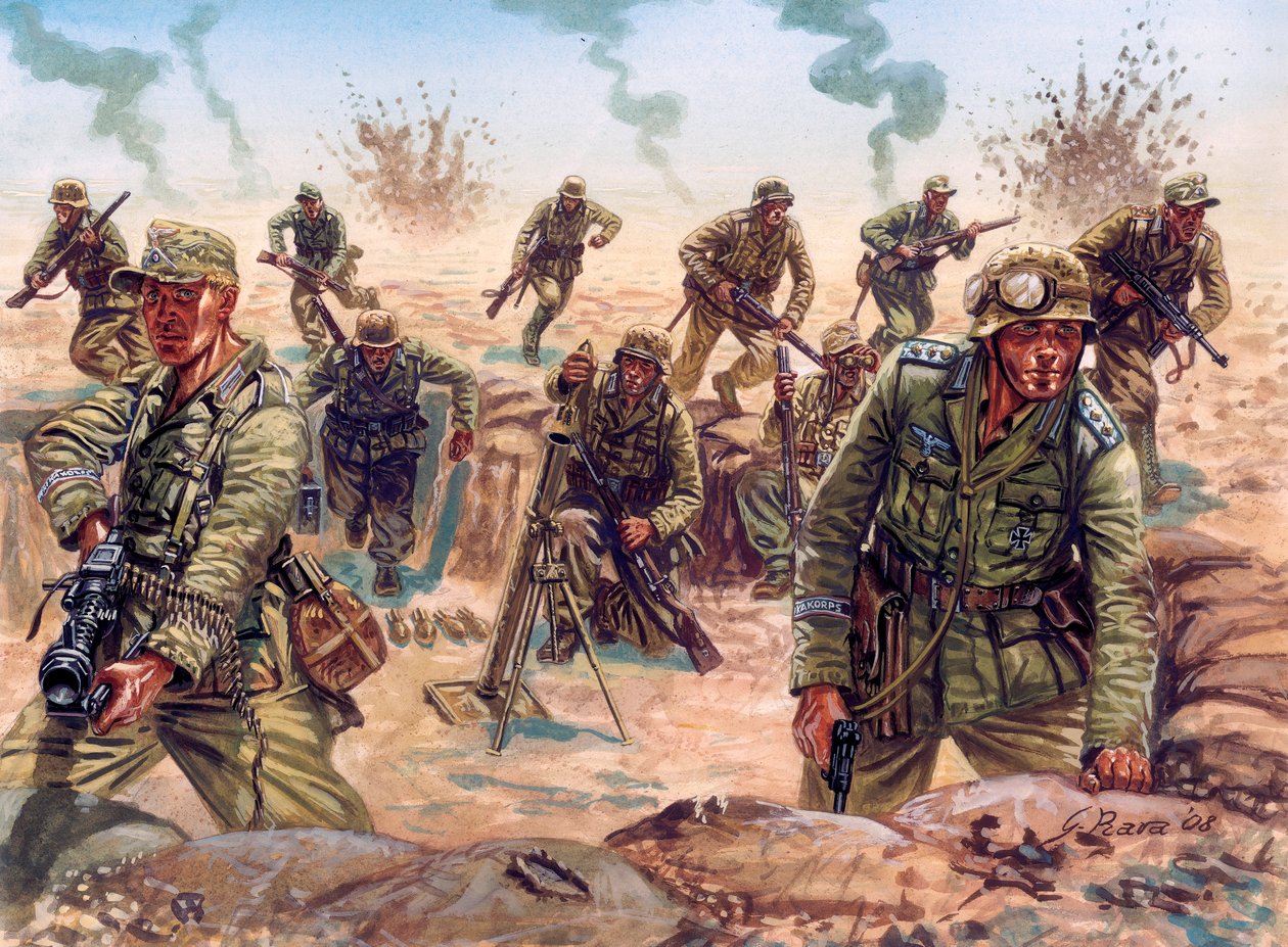 Segunda Guerra Mundial, Campaña del Norte de África: soldado del Deutsches Afrikakorps (Afrika Korps, Afrikakorps o DAK), Fuerza Expedicionaria Alemana, en el desierto de Libia. de Giuseppe Rava