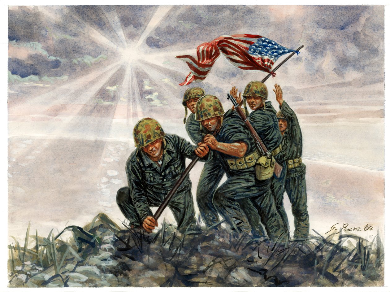 Segunda Guerra Mundial, Guerra del Pacífico: Batalla de Iwo Jima, victoria de los Marines estadounidenses en febrero de 1945 - Segunda Guerra Mundial, Guerra del Pacífico: Batalla de Iwo Jima (Operación Destacamento), los marines estadounidenses izan la ba de Giuseppe Rava