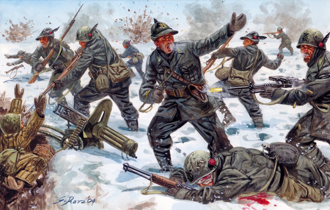 Segunda Guerra Mundial, Frente Ruso: Cazadores alpinos italianos en Rusia en enero de 1943 - Segunda Guerra Mundial, frente ruso: los alpinos italianos en Rusia, enero de 1943 - Ilustración de Giuseppe Rava de Giuseppe Rava