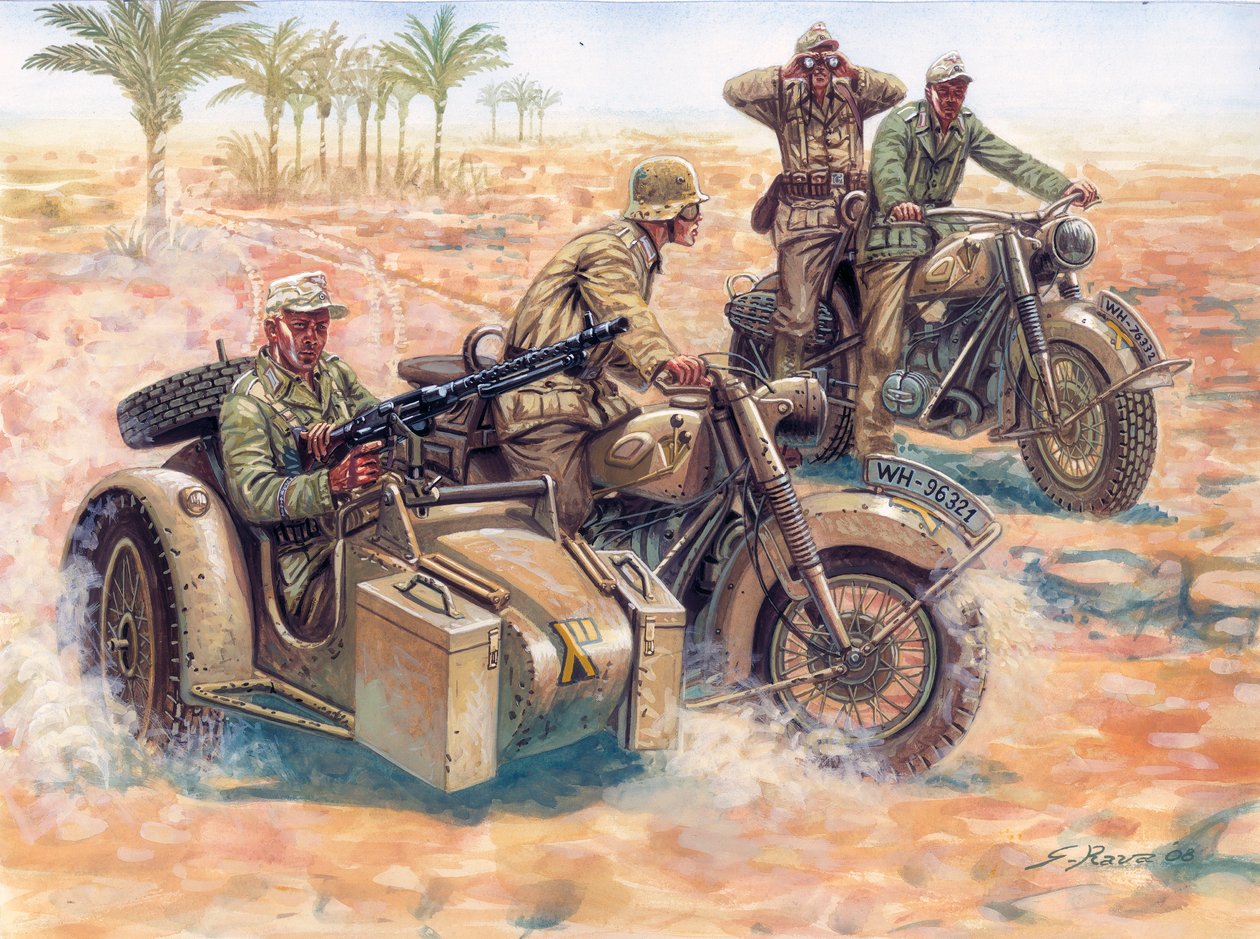 Segunda Guerra Mundial: el Deutsches Afrikakorps (DAK Afrika Korps)) rodando por el desierto libio en sidecares BMW de Giuseppe Rava