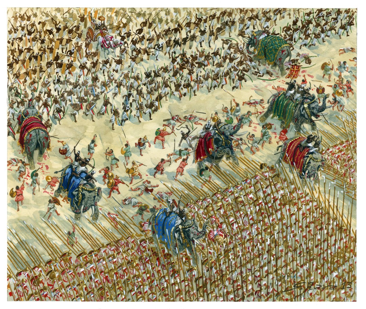 La batalla de Hydaspes Alejandro y Porus luchando en 327 a.C. - Alejandro Magno continúa su conquista hacia el valle del Indo - Alejandro Magno contra el rey Porus durante la batalla de Hydaspes - Ilustración de Giuseppe Rava de Giuseppe Rava