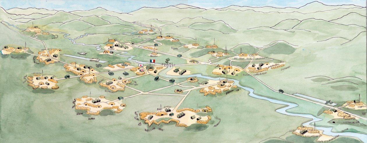 Guerra de Indochina: Plano de la batalla de Dien Bien Phu (Dien-Bien-Phu) que enfrentó al ejército francés con el de Vietnam de noviembre de 1953 a mayo de 1954 - Primera guerra de Indochina: plano de la batalla de Dien Bien Phu entre la Expedición Frances de Giuseppe Rava