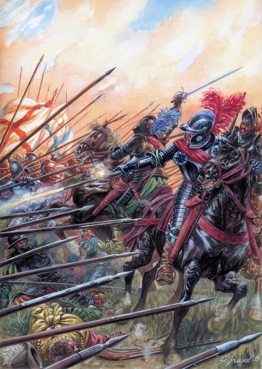 Guerras de Religión: La Batalla de Ivry del 14/03/1590 vio la victoria del Ejército Real contra la Liga Católica - La Batalla de Ivry celebrada el 14 de marzo de 1590, durante las Guerras de Religión francesas - Ilustración de Giuseppe Rava de Giuseppe Rava