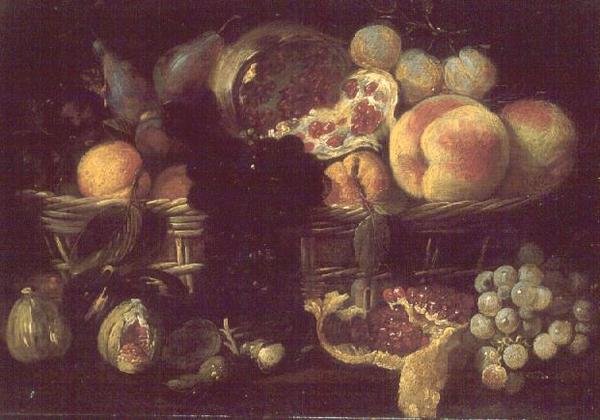 Una canasta de frutas y un plato de frutas de Giuseppe Recco