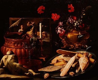 Naturaleza muerta con flores en una urna dorada, una pintura y pasteles en una bandeja de Giuseppe Recco
