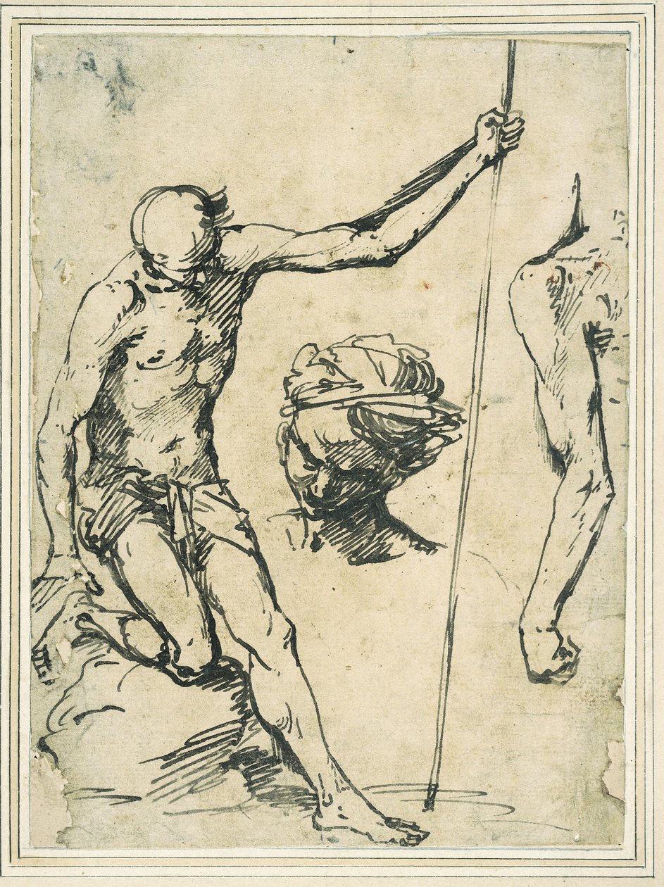 Estudios de figuras: hombre sosteniendo un palo, cabeza de un hombre con turbante y un brazo izquierdo visto desde atrás de Giuseppe Ribera
