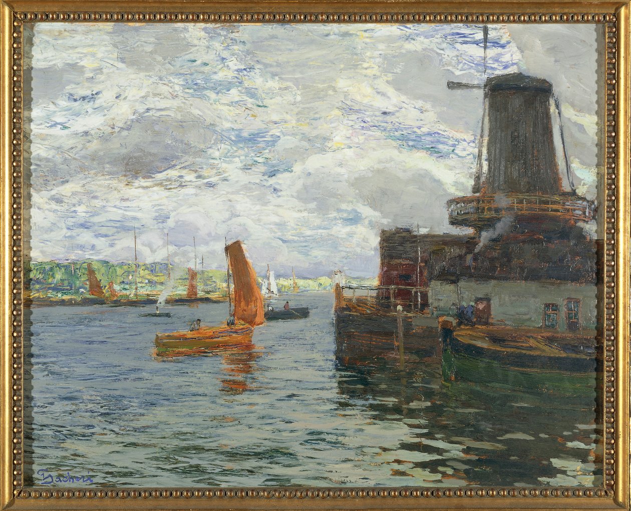 Molino de viento en Dordrecht (óleo sobre cartulina) de Giuseppe Sacheri