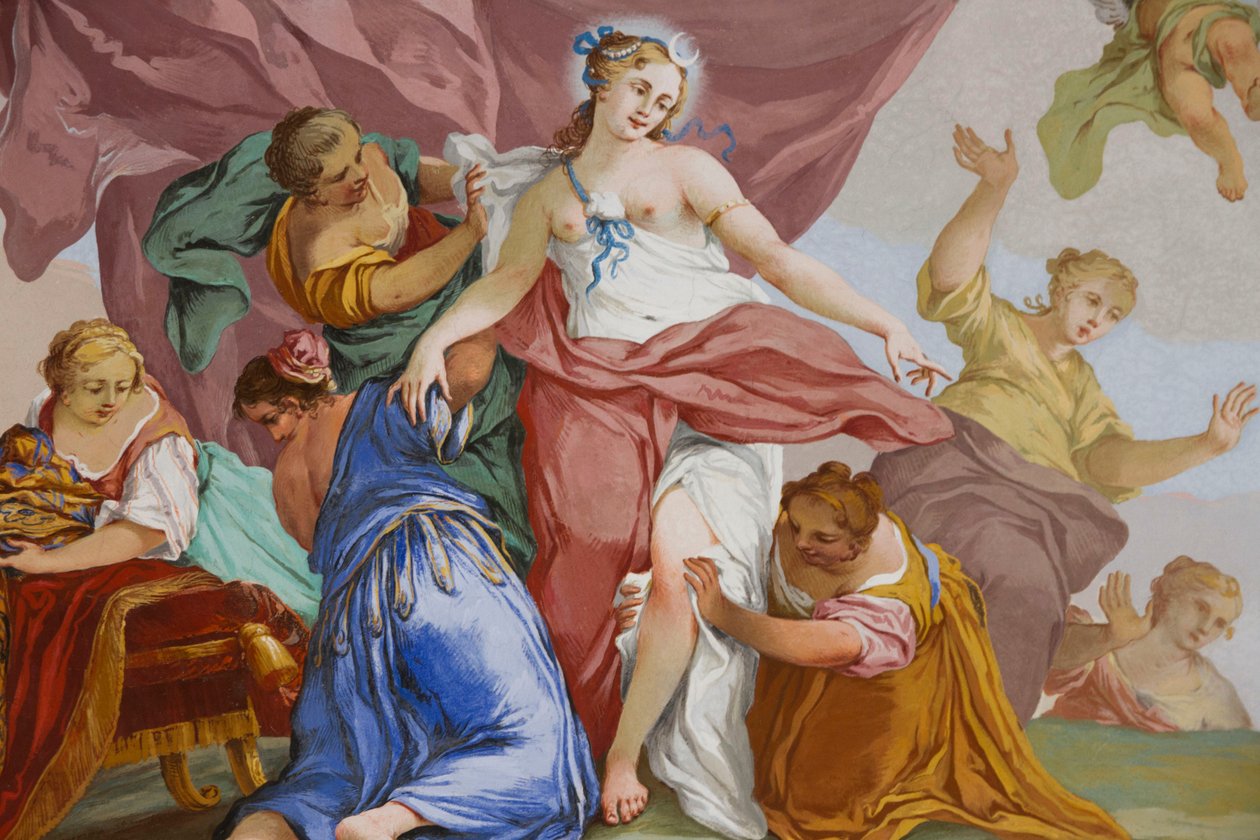Representaciones del mito de Diana, por Domenico y Giuseppe Valeriani, fresco, techo abovedado del dormitorio, apartamento del Rey, residencia de caza, por Filippo Juvarra (1678-1736), Stupinigi, Piamonte, Italia de Giuseppe and Valeriani Domenico Valeriani