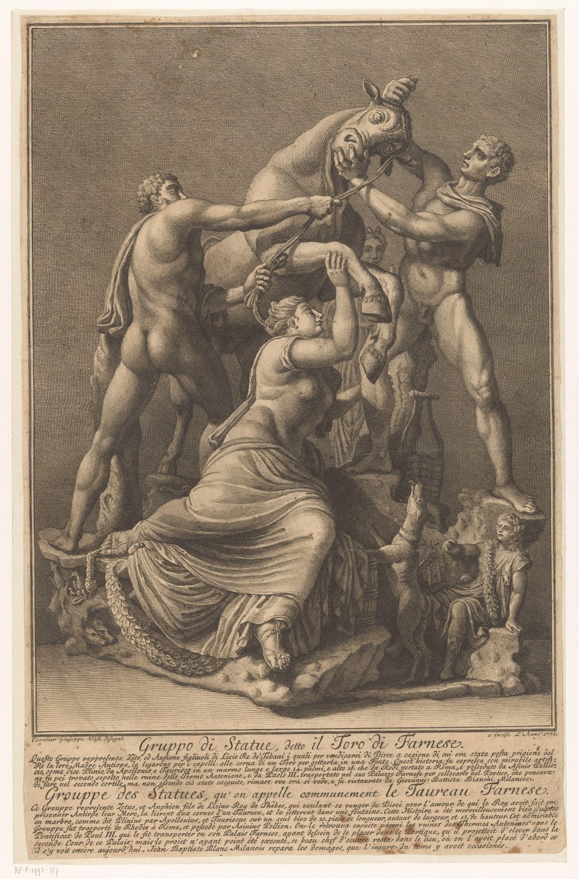 Dirce wordt aan een stier gebonden Farnesio Stier Grupo de estatuas, llamado Toro Farnese / Grouppe des Statues, qu 