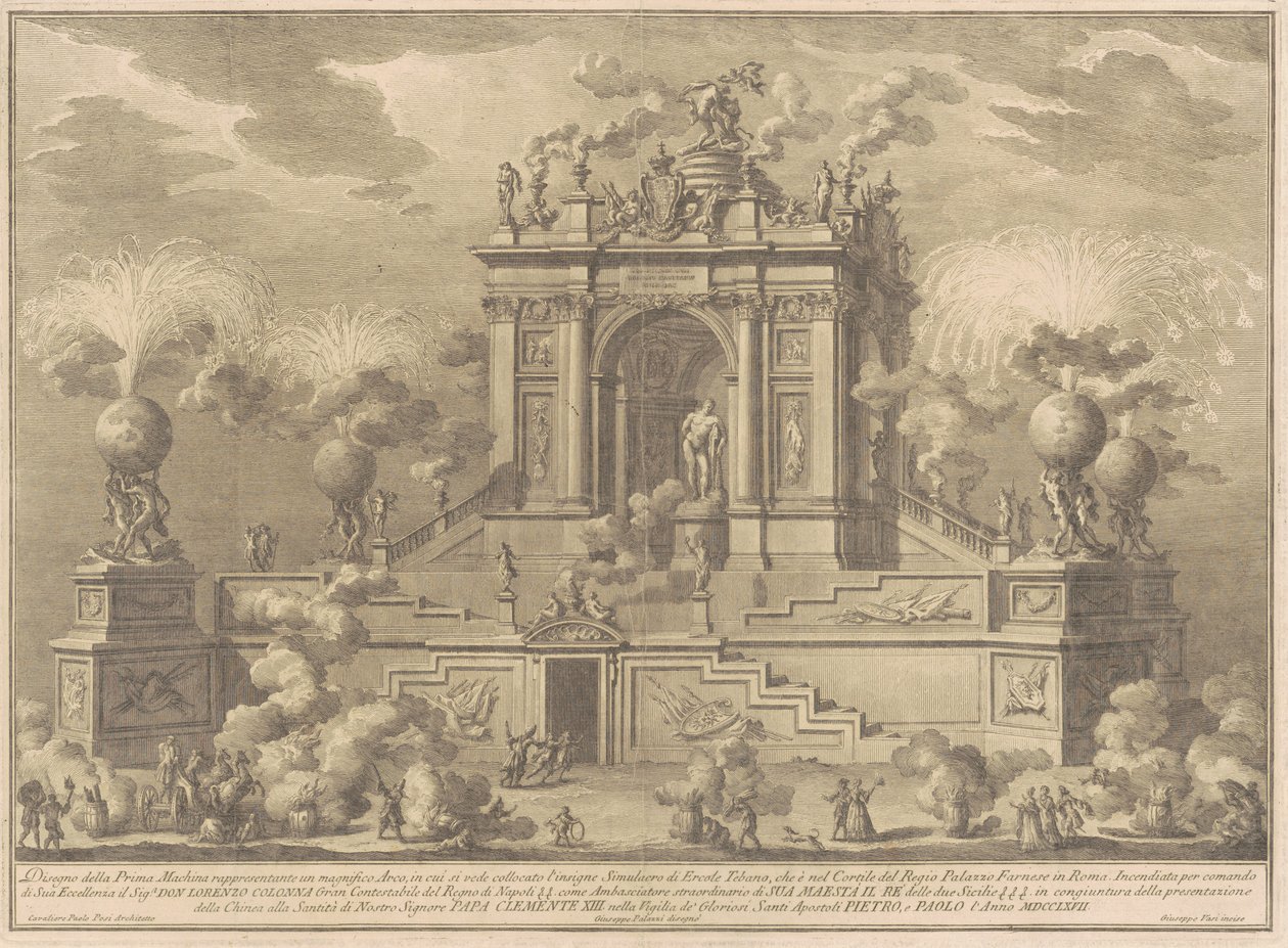 La Prima Macchina para la Chinea de 1767: Un arco triunfal con el Hércules Farnesio, 1767 de Giuseppe Vasi