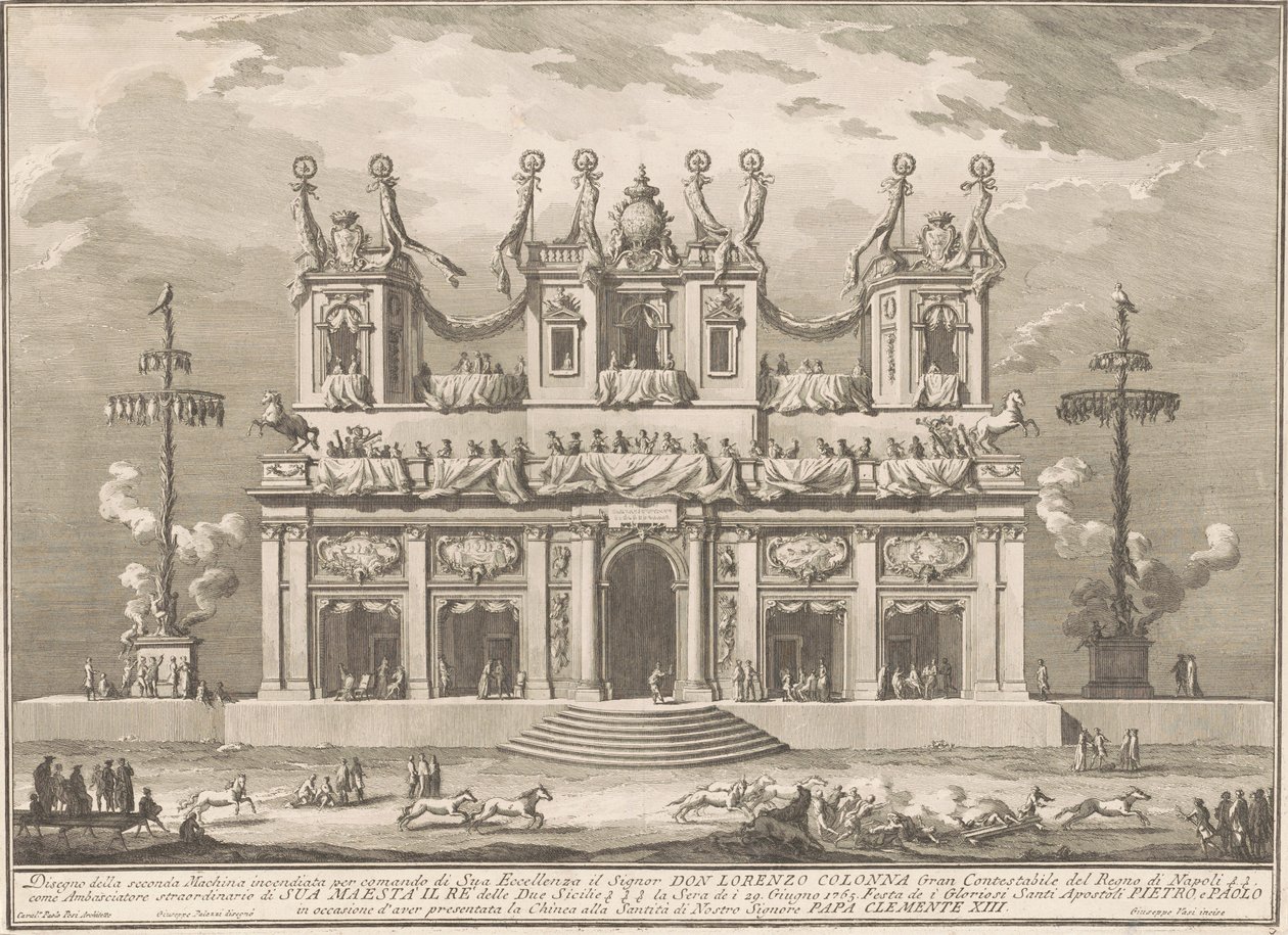 La Segunda Máquina para la Chinea de 1765: Un edificio decorado con postes de Cockaigne de Giuseppe Vasi, after Giuseppe Palazzi, after Paolo Posi