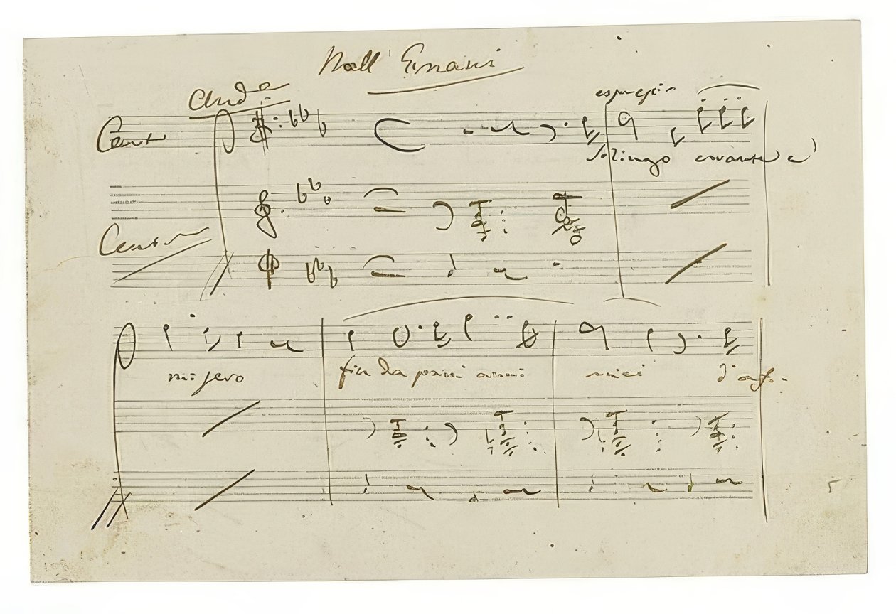 Autógrafo: Ópera Ernani, Finalarie Solingo, errante e misero de Giuseppe Verdi