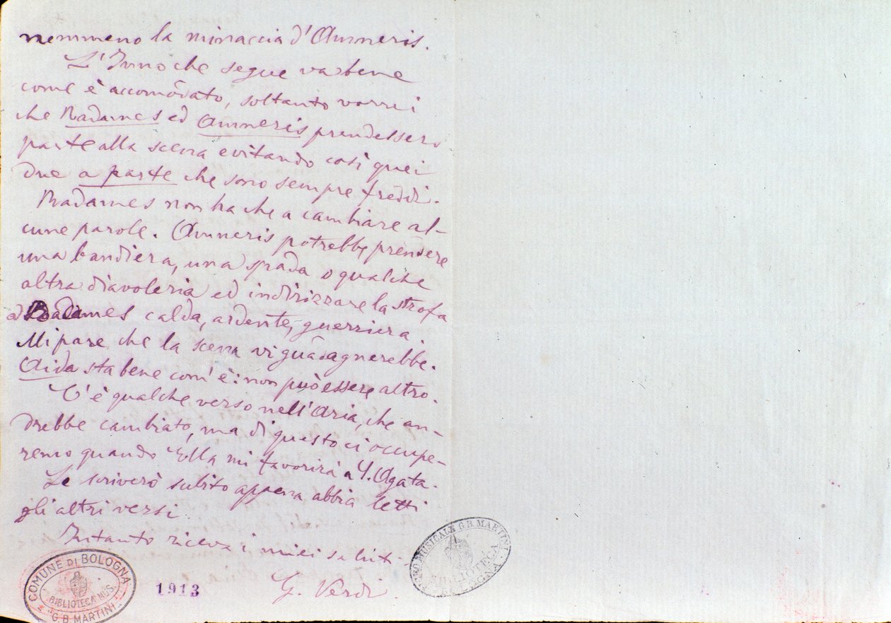 Carta manuscrita de Giuseppe Verdi al autor del libreto de Aida, Antonio Ghislanzoni de Giuseppe Verdi