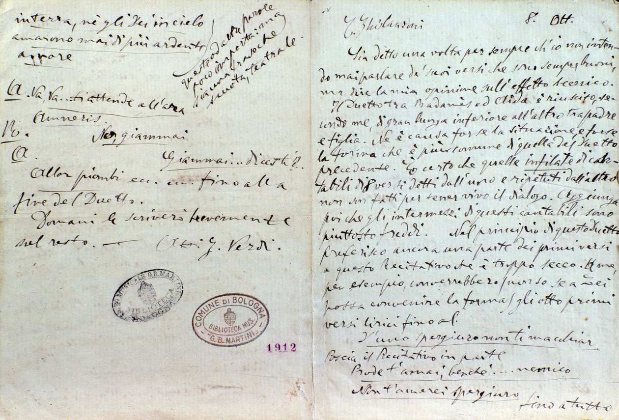 Carta manuscrita de Giuseppe Verdi al autor del libreto de Aida, Antonio Ghislanzoni de Giuseppe Verdi