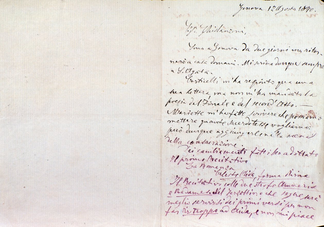 Carta manuscrita de Giuseppe Verdi al autor del libreto de Aida, Antonio Ghislanzoni de Giuseppe Verdi