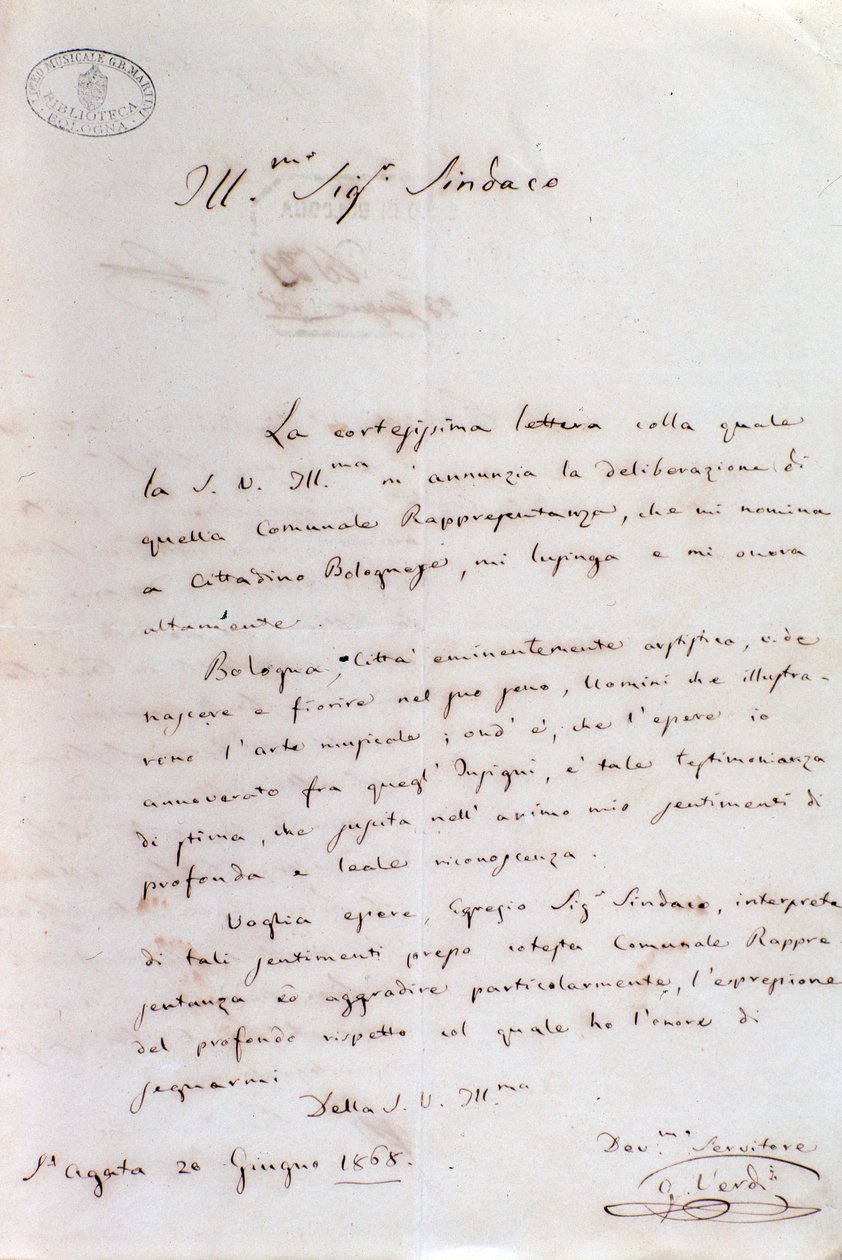 Carta manuscrita de Giuseppe Verdi al alcalde de Bolonia cuando se convirtió en ciudadano honorario, 20 de junio de Giuseppe Verdi