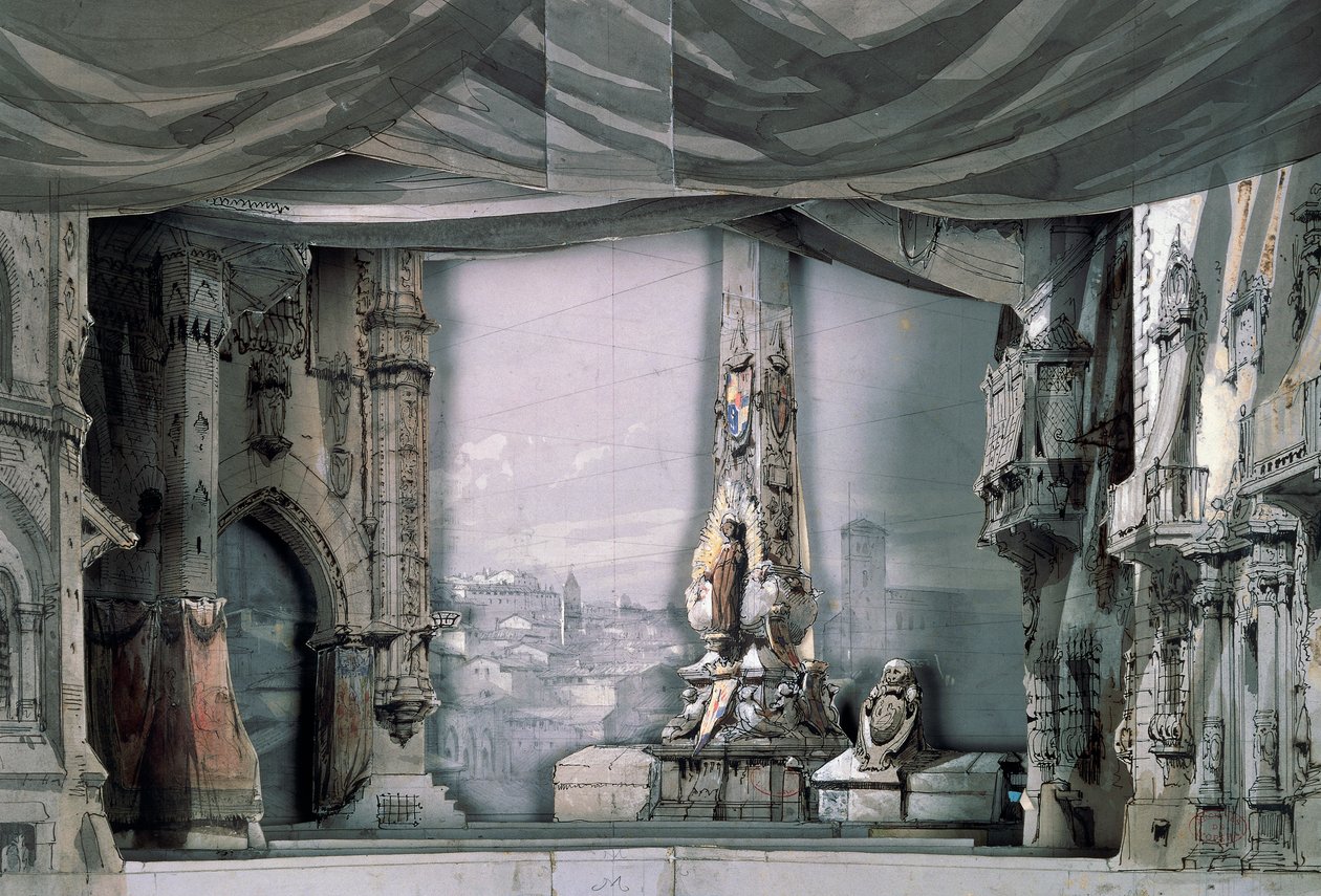 Plaza delante de la Catedral de Valladolid, Acto III, Escena IV, escenografía de Charles Campon para Don Carlos de Giuseppe Verdi (1813-1901), representación en París, teatro de la ópera Salle Le Peletier, 11 de marzo. de Giuseppe Verdi