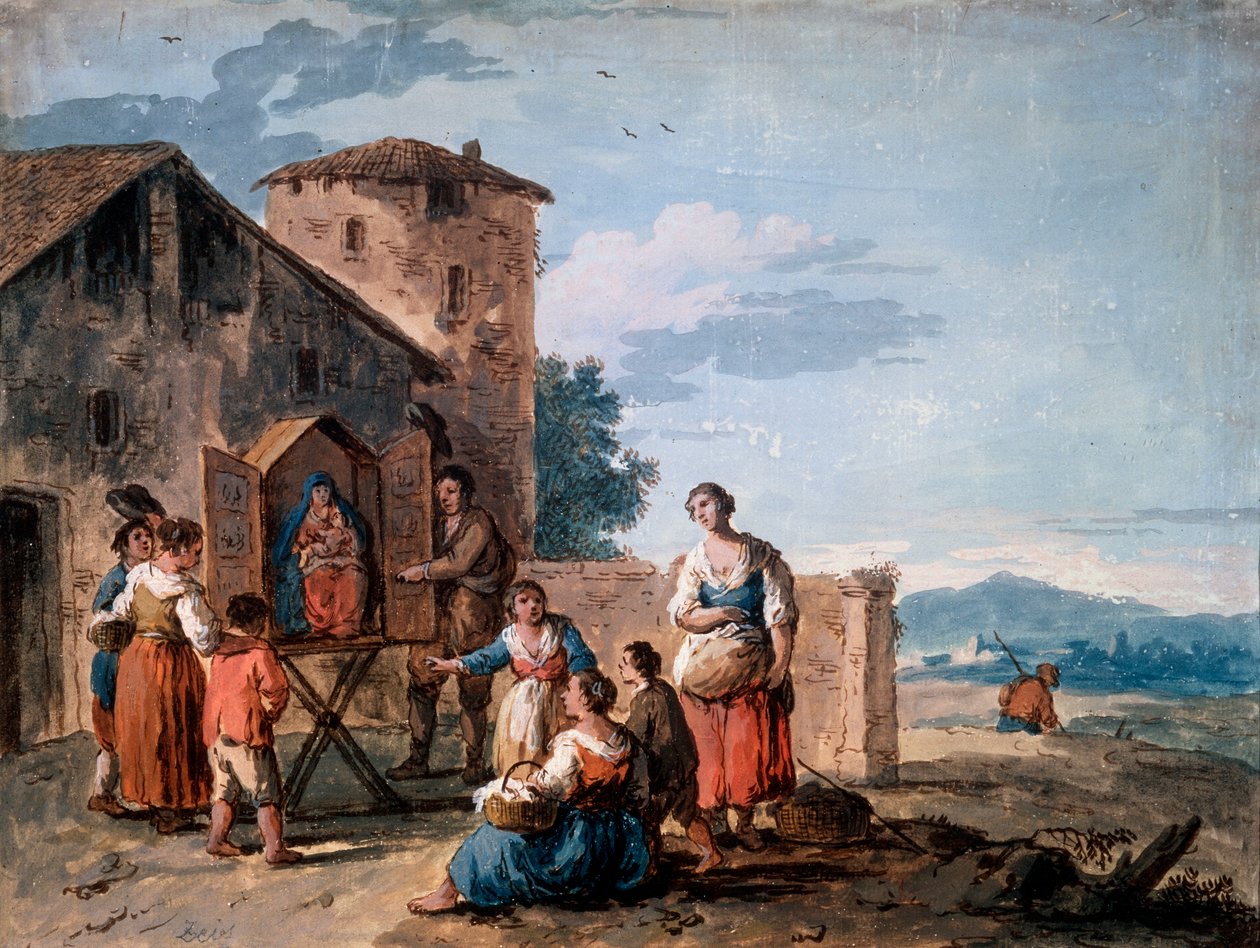 Un grupo de campesinos ante el tabernáculo con la estatua de la Madonna de pie, c1750 de Giuseppe Zais