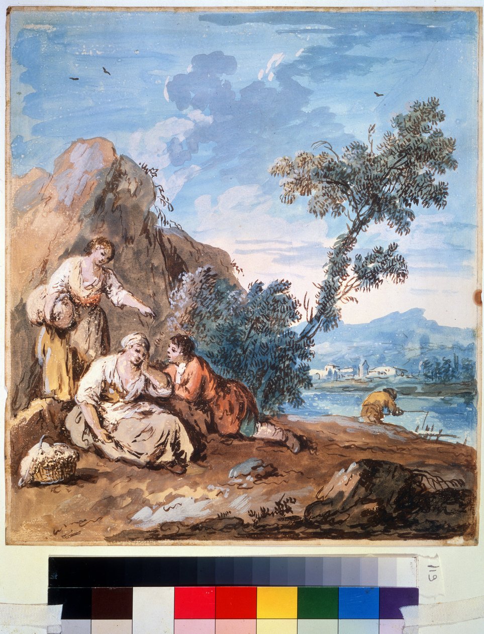 Tres campesinos descansando en la orilla de un río. Pintura de Giuseppe Zais (1709-1784). Acuarela sobre papel, 29,5 x 26,2 cm, hacia 1750. Escuela veneciana, pintura italiana del siglo XVIII. Museo de Bellas Artes Pushkin, de Giuseppe Zais