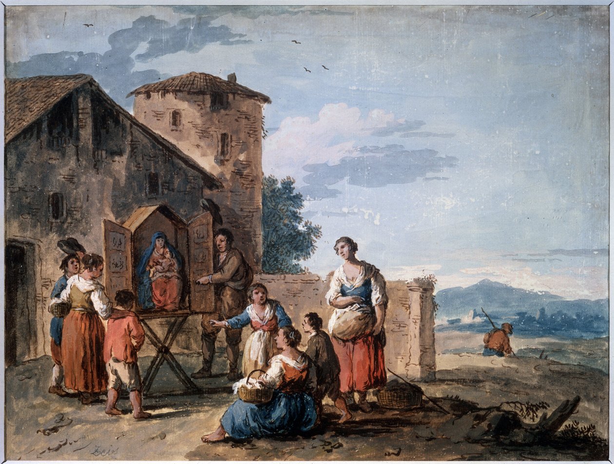 Un grupo de campesinos ante el tabernáculo con la estatua de la Virgen de pie. Dibujo de Giuseppe Zais (1709-1784). Témpera y sepia sobre papel, 30,2 x 38 cm, hacia 1750. Escuela veneciana de de Giuseppe Zais