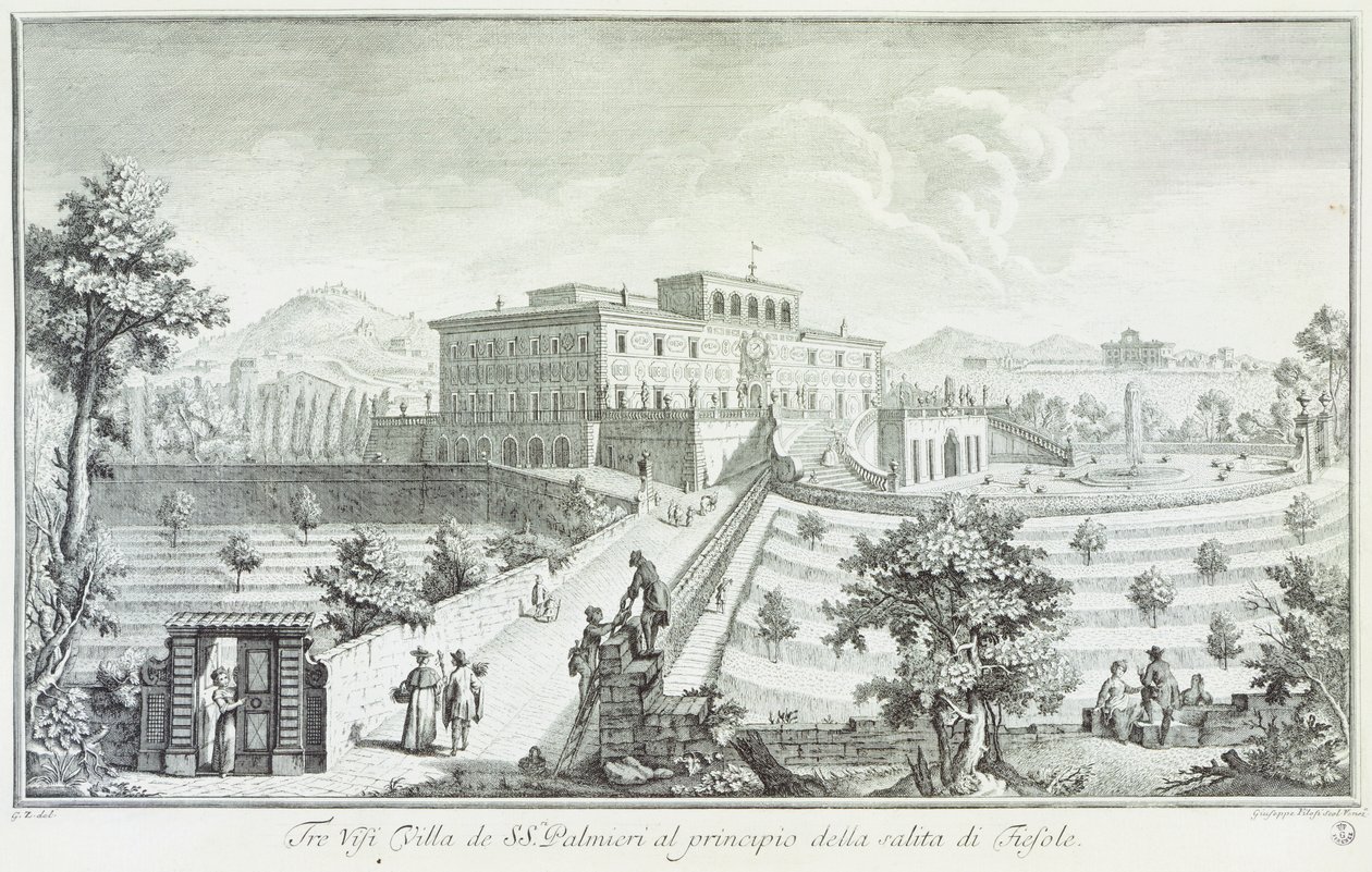 Villa Palmieri en Fiesole, por Giuseppe Zocchi (1711-1767), Vista de las villas y alrededores en Toscana, Italia de Giuseppe Zocchi