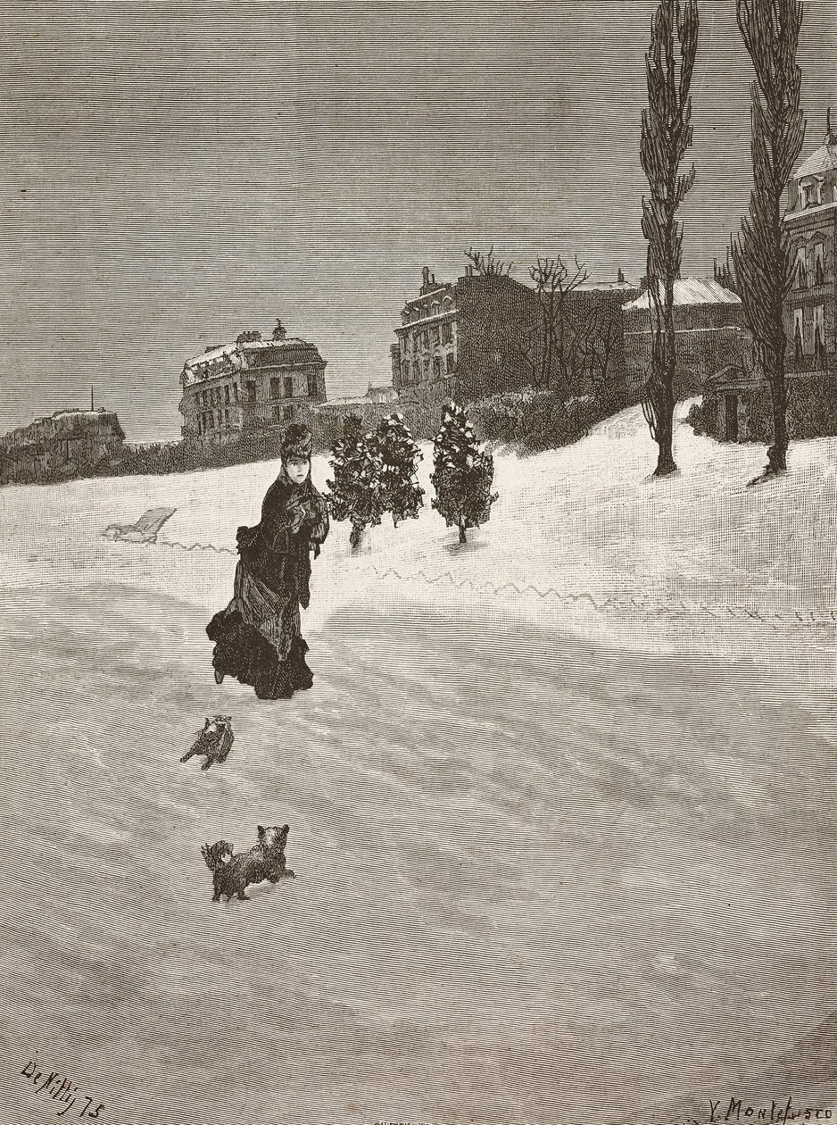 ¡Hace frío!, mujer caminando en la nieve, grabado de una pintura de Giuseppe De Nittis, dibujo de Montefusco, L